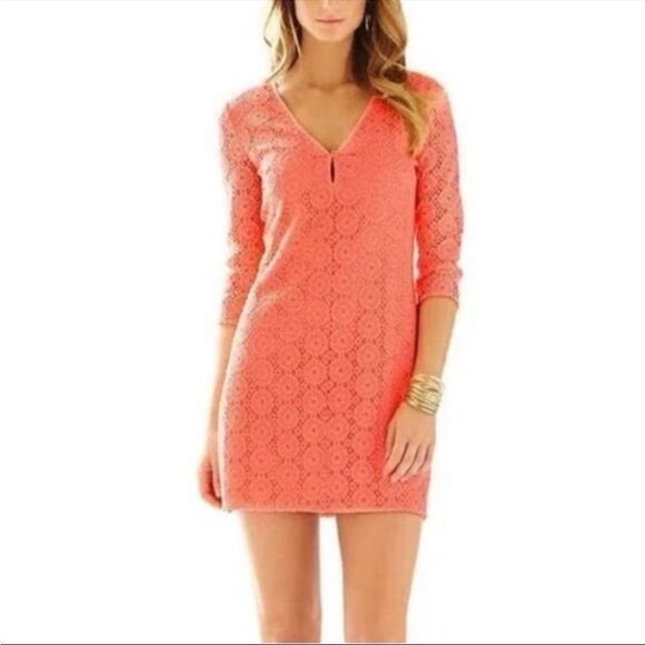 Lilly Pulitzer Dresses & Skirts - Lilly Pulitzer Lamora Pucker Pink Breakers Lace Resort Beach Dress L
